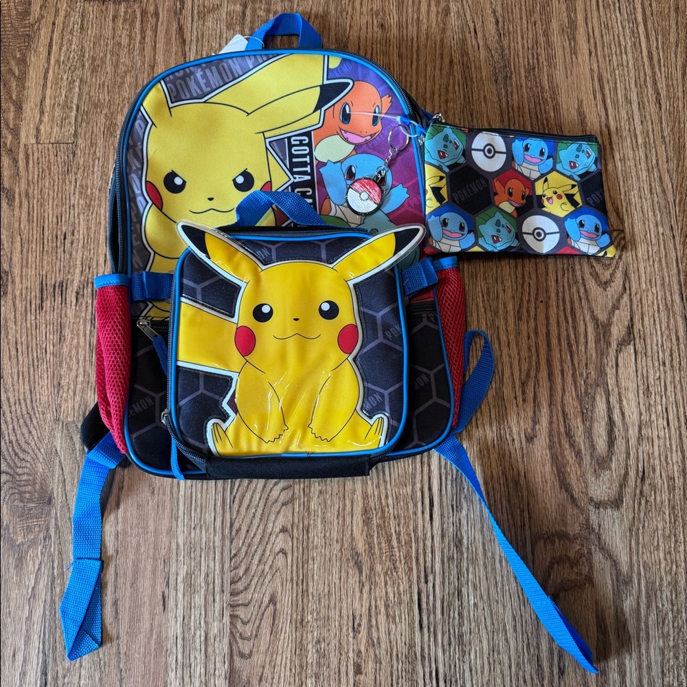 Pokémon backpack, insulated lunch bag, pencil case and key chain. New with tags.